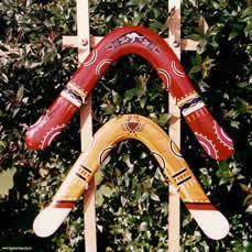 Photo of two elaborately decorated boomerangs.